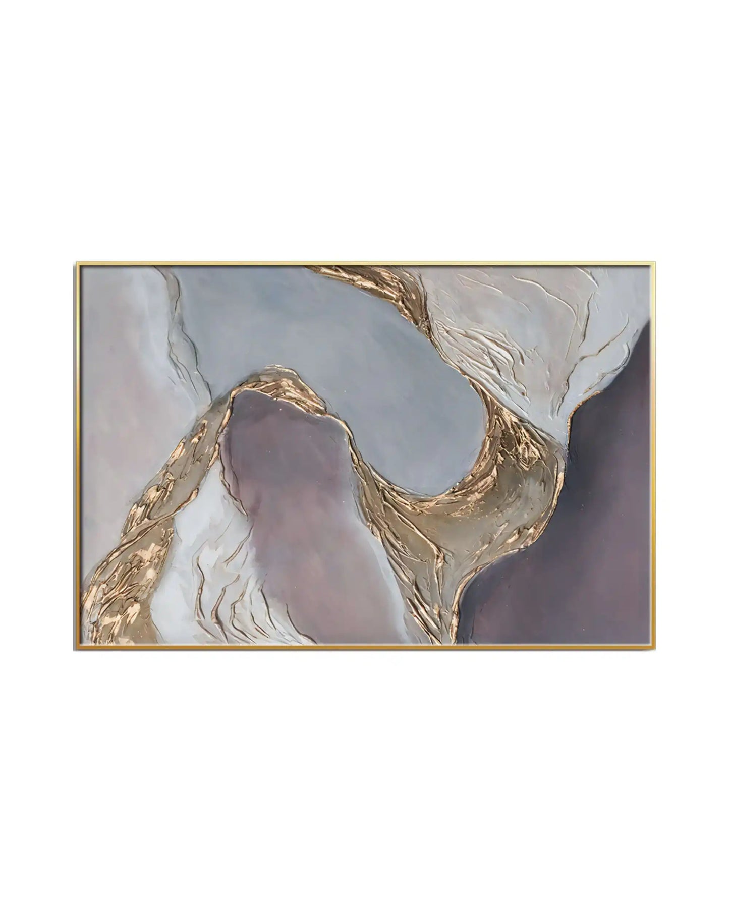 Horizontal canvas print featuring an abstract design with flowing, printed texture fields of slate blue, muted lavender, cream, and gold-colored accents.