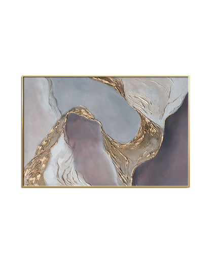 Horizontal canvas print featuring an abstract design with flowing, printed texture fields of slate blue, muted lavender, cream, and gold-colored accents.