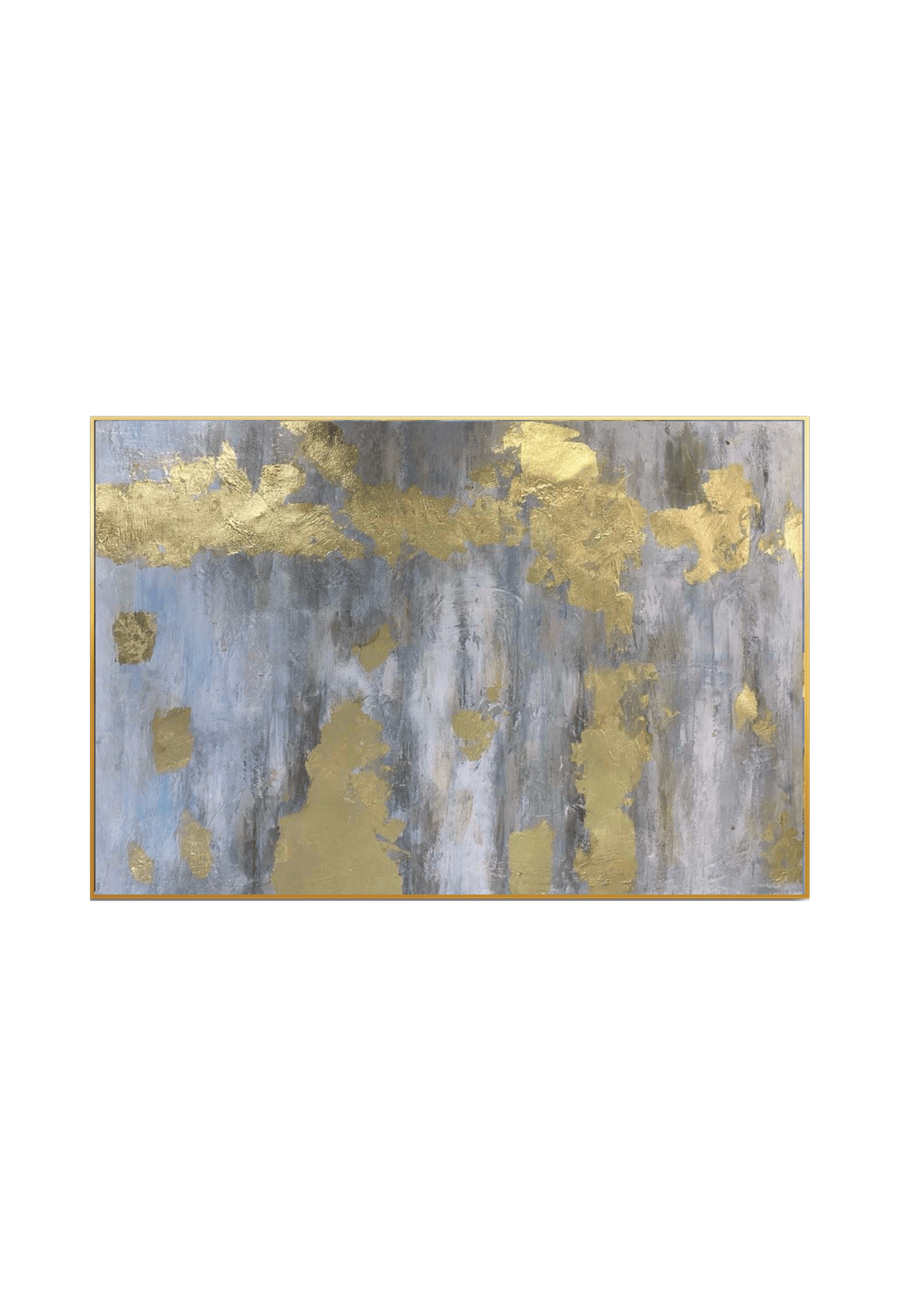 An 85x125 cm original hand-painted canvas wall art panel depicting a minimalist textured abstract layout with weathered vertical slate grey washes highlighted by organic metallic gold paint patches for luxury living room decor.