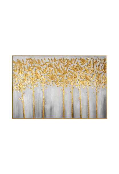 An 85x125 cm original hand-painted canvas wall art panel depicting a minimalist textured landscape layout with slender grey tree trunks and a dense canopy of metallic gold paint leaves for luxury living room decor.