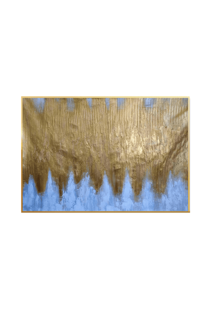 An 85x125 cm hand-painted canvas wall art panel depicting a minimalist textured abstract layout with a finely ridged metallic gold upper field dripping in jagged peaks over a smoky grey and white base for luxury living room decor.