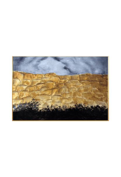An 85x125 cm original hand-painted canvas wall art panel depicting a textured minimalist layout of an ancient stone brick wall in metallic gold between black ground details and a cloudy grey sky for luxury living room decor.