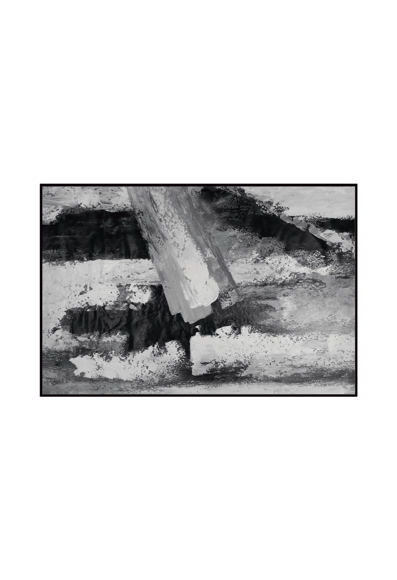 An 85x125 cm original hand-painted canvas wall art panel depicting a high-contrast minimalist textured layout of intersecting black, charcoal grey, and white paint blocks for luxury living room decor.