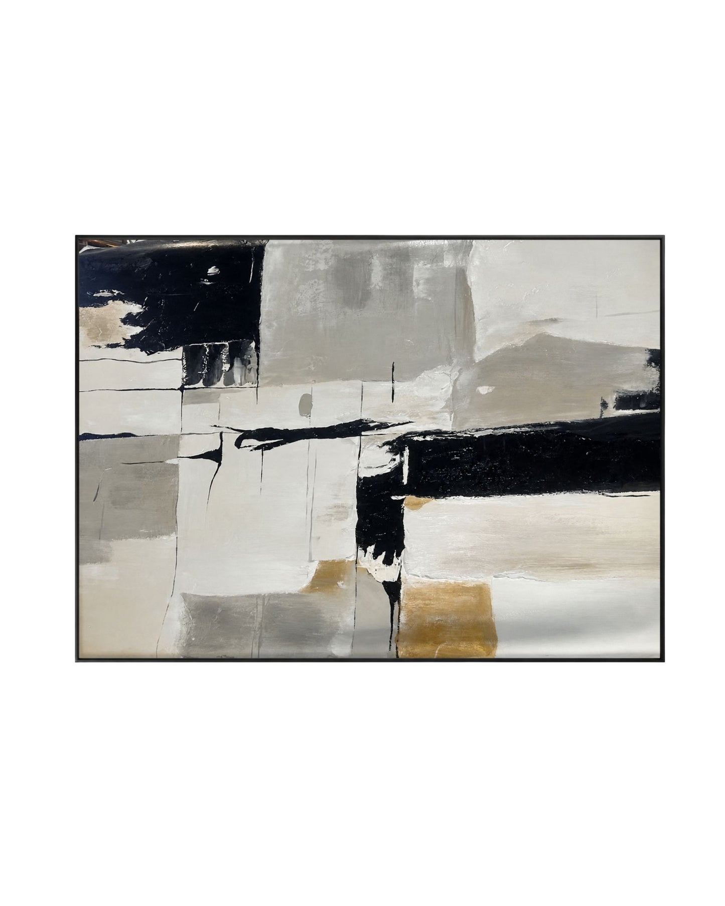Abstract block painting in a thin black frame featuring heavy textures, bold black strokes, and geometric patches of cream, gray, and gold.