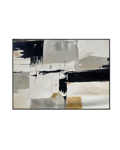 Abstract block painting in a thin black frame featuring heavy textures, bold black strokes, and geometric patches of cream, gray, and gold.
