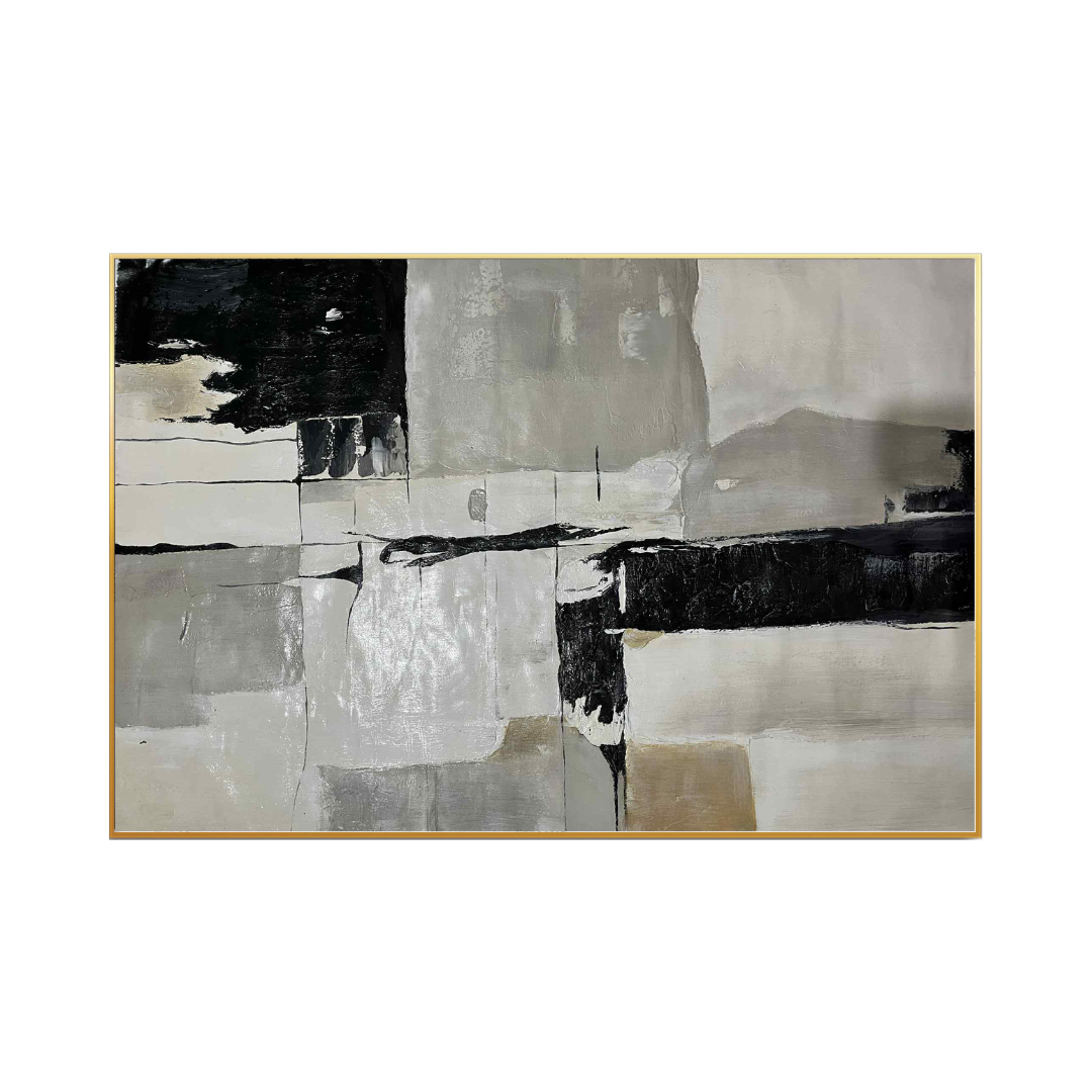 An 85x125 cm original hand-painted canvas wall art panel depicting a minimalist geometric layout of intersecting black, slate grey, and sand beige color blocks for luxury living room decor.