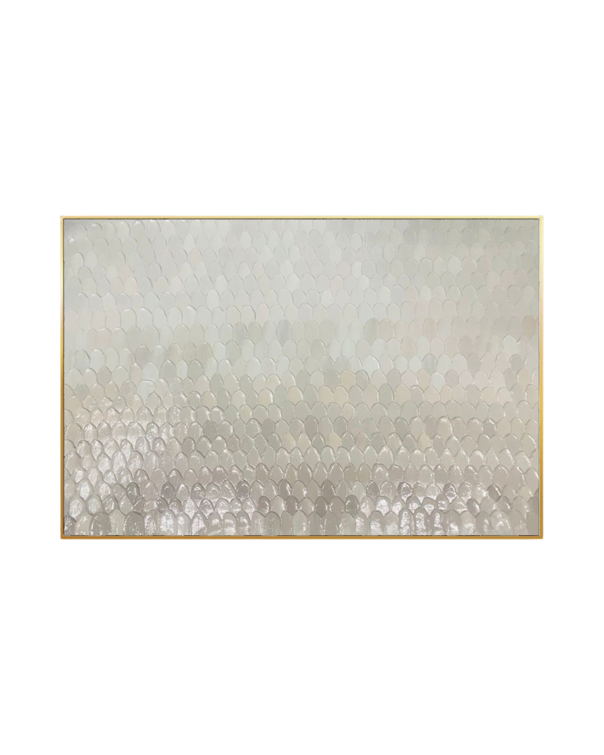 Horizontal abstract painting in a thin gold frame featuring a dense, repeating pattern of textured, scale-like brushstrokes fading from soft cream to light gray.