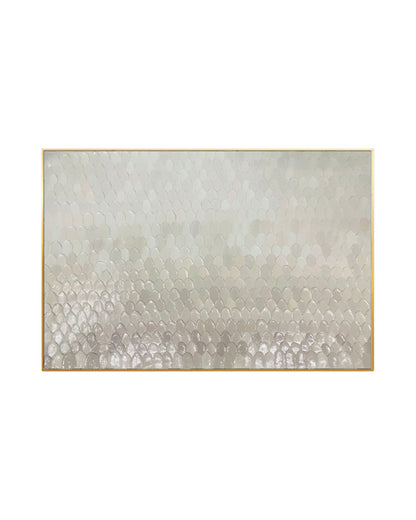 Horizontal abstract painting in a thin gold frame featuring a dense, repeating pattern of textured, scale-like brushstrokes fading from soft cream to light gray.
