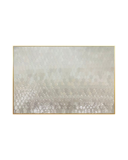 Horizontal abstract painting in a thin gold frame featuring a dense, repeating pattern of textured, scale-like brushstrokes fading from soft cream to light gray.