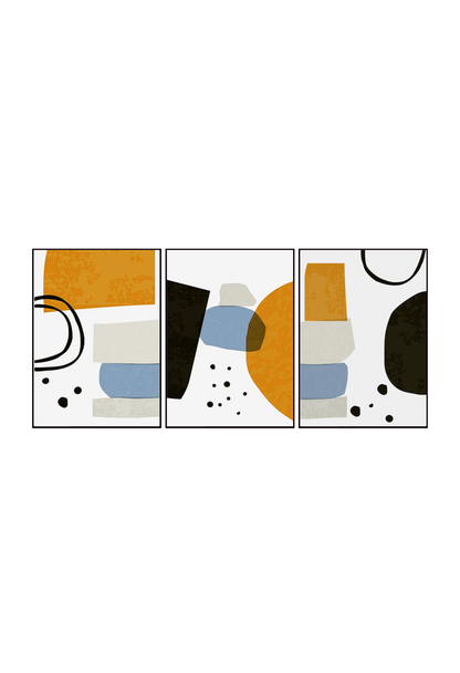 Three 50x70 cm mustard yellow and blue abstract canvas print wall art panels depicting minimalist overlapping geometric color blocks, stacked rock shapes, and ink dots for modern living room decor.