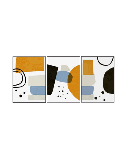 Modern minimalist abstract triptych canvas prints featuring geometric block color fields, textured pebble stack shapes, organic black linework, and minimalist dots in mustard yellow, slate blue, beige, grey, and black.