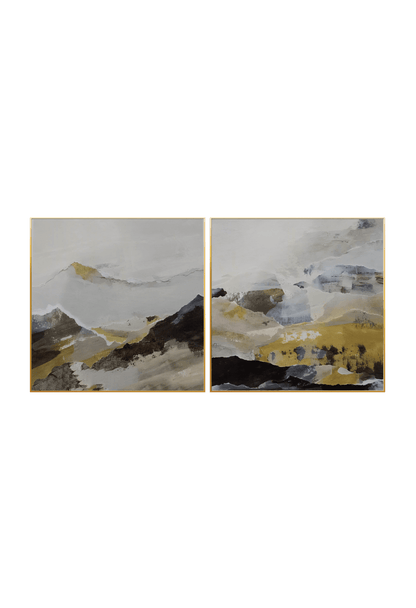 Two 80x80 cm mustard yellow and grey abstract canvas print wall art panels depicting minimalist mountain landscape blocks, charcoal accents, and misty valley layers for modern living room decor.