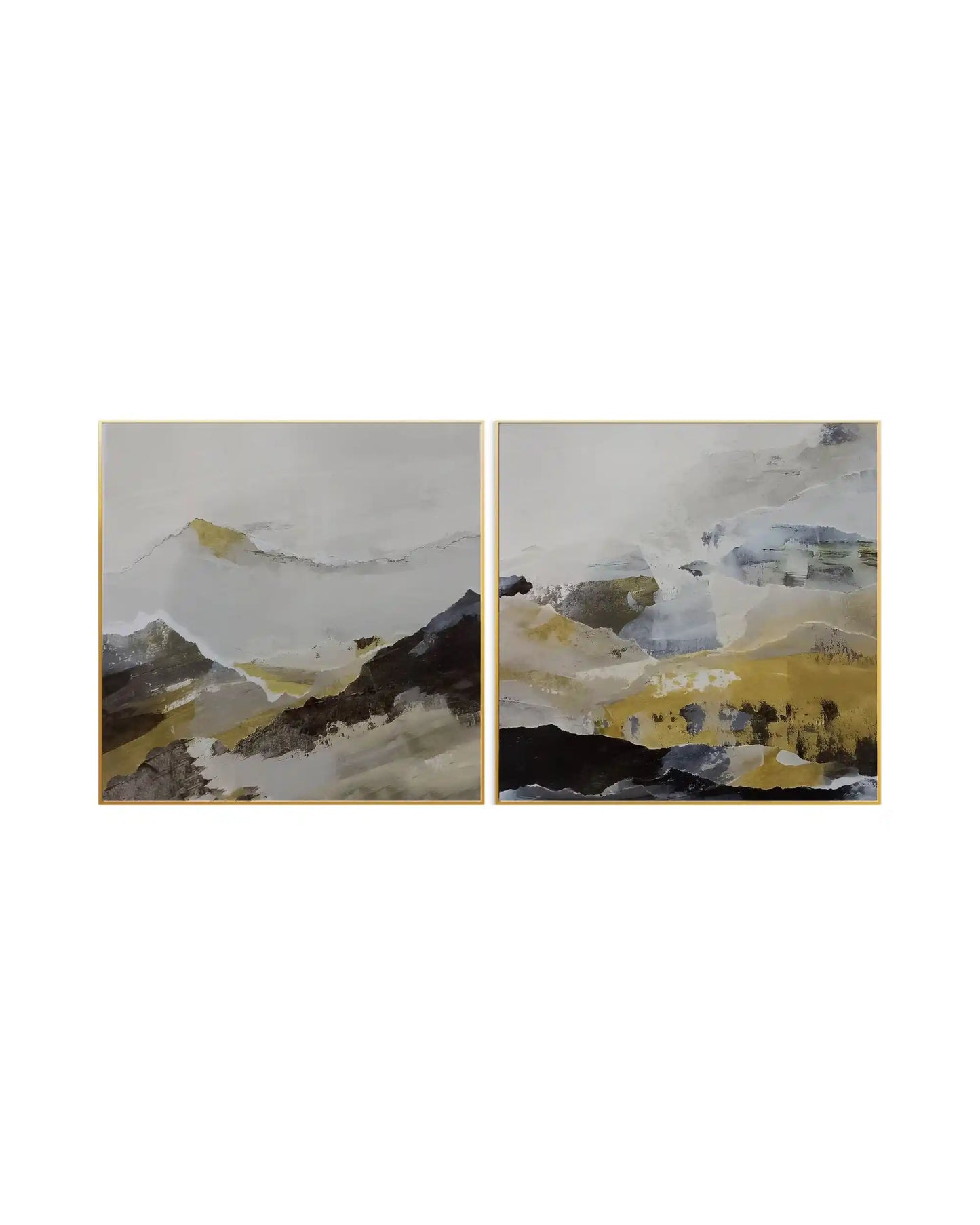 Modern abstract mountain landscape diptych canvas art featuring textured layers of beige, grey, and mustard yellow with gold frames.