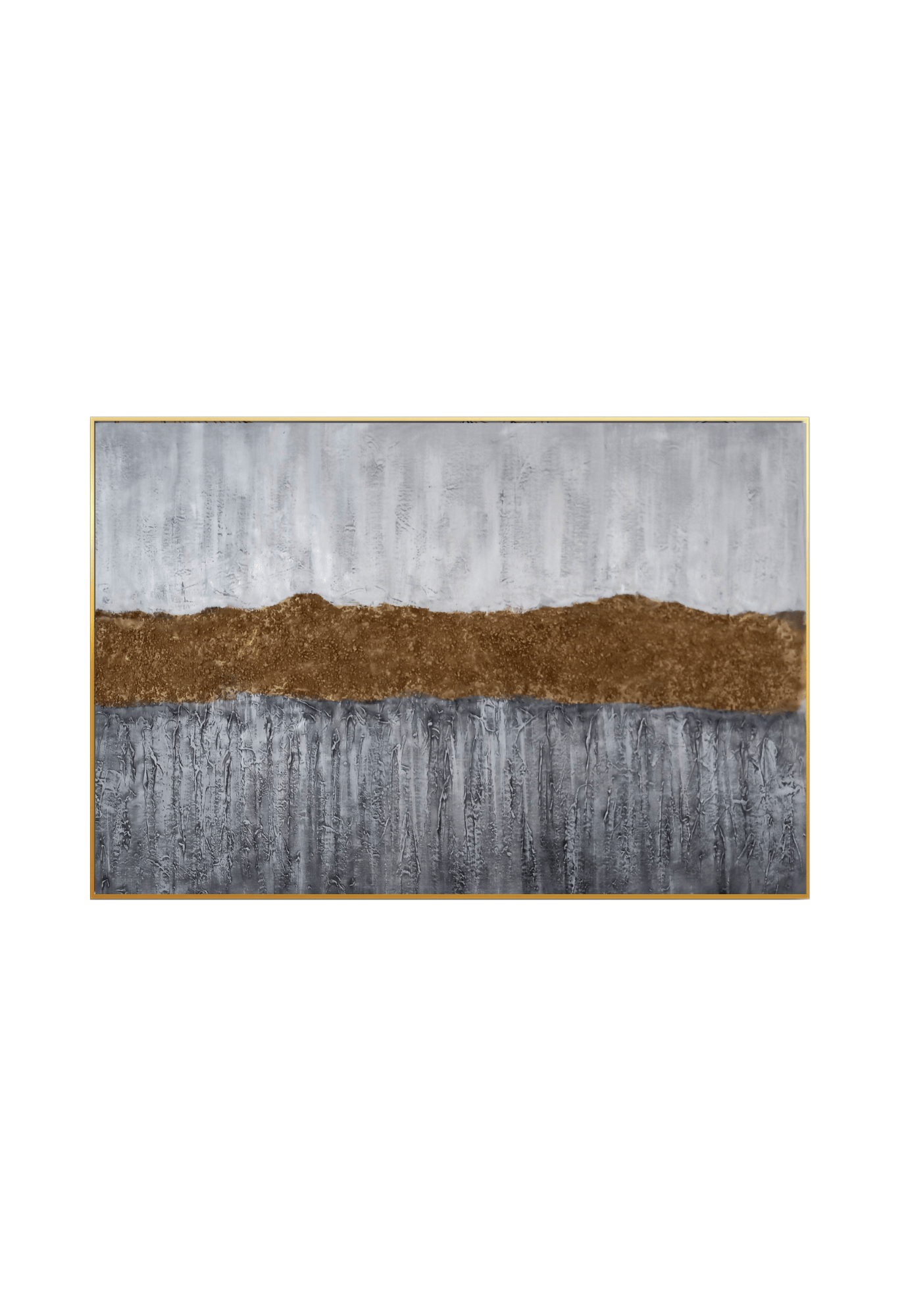 An 85x125 cm original hand-painted canvas wall art panel depicting a minimalist textured landscape layout with weathered light grey and dark charcoal fields split by a thick horizontal metallic bronze horizon line for luxury living room decor.