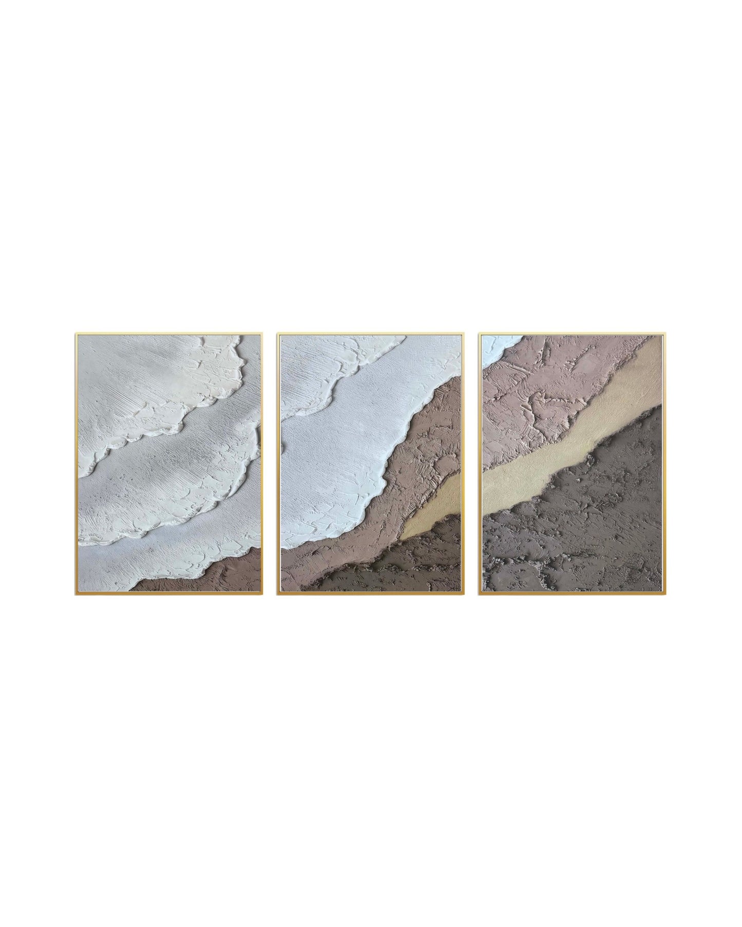 Set of three abstract art pieces with muted mauve and taupe tones on a white background