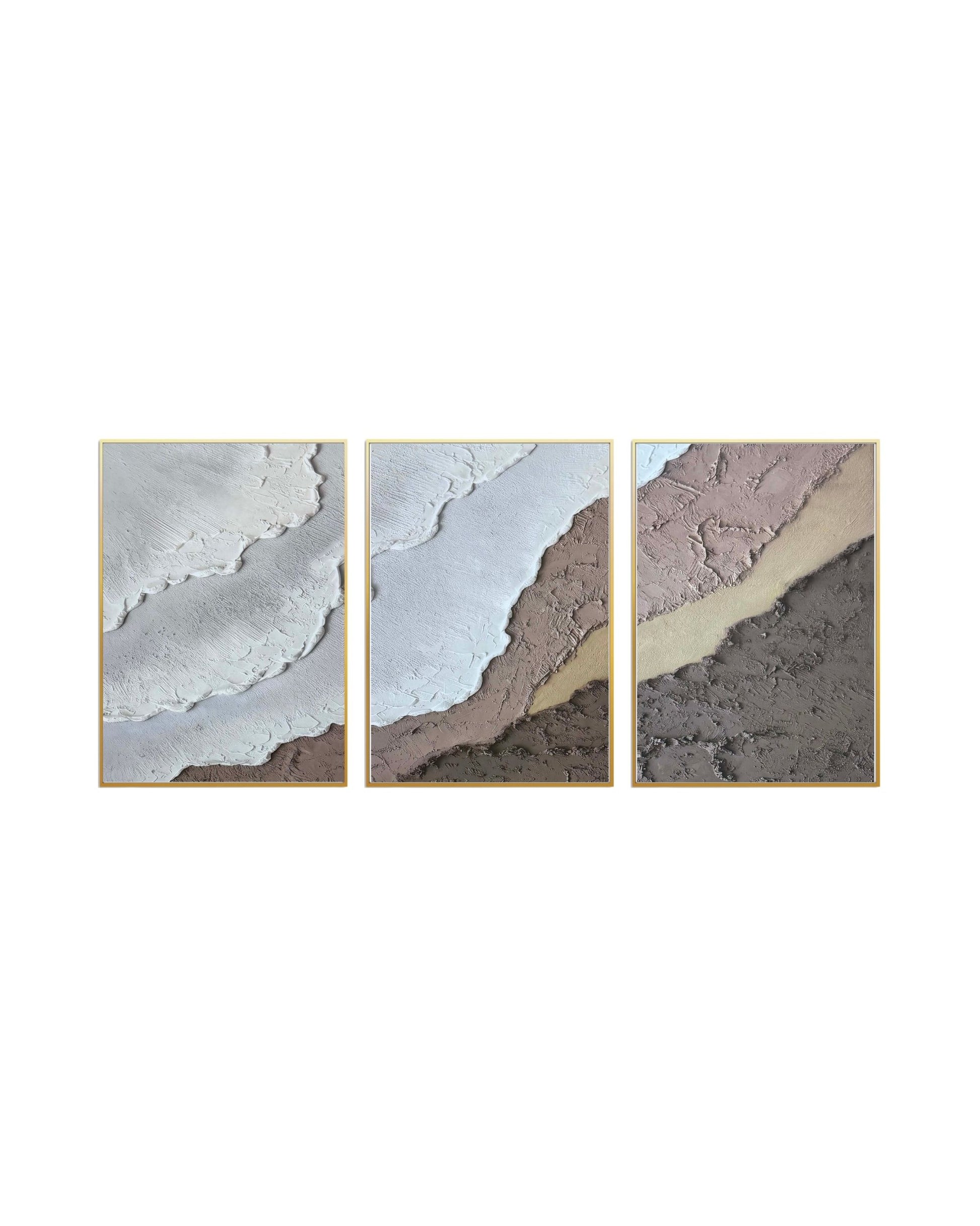 Set of three abstract art pieces with muted mauve and taupe tones on a white background