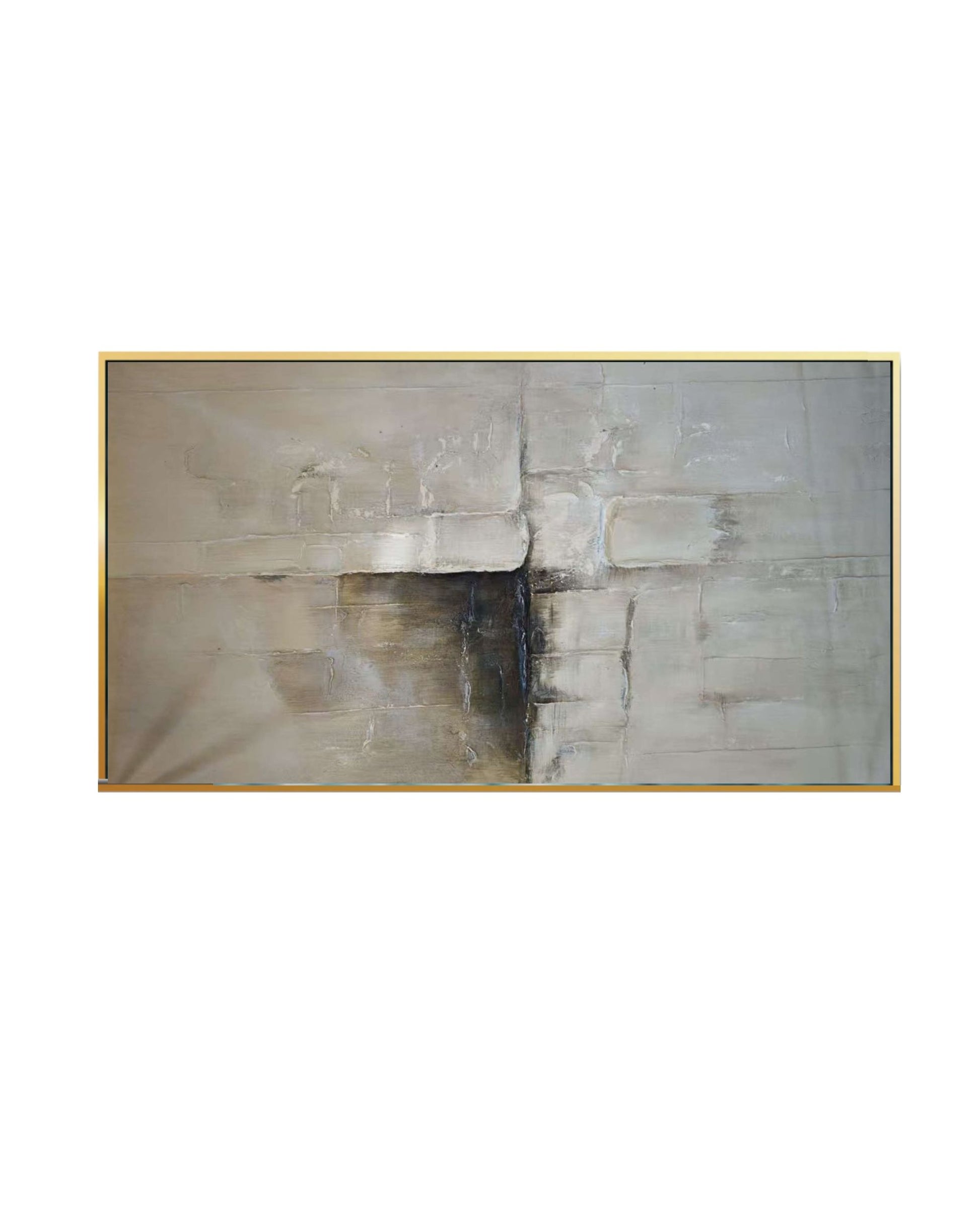 Minimalist abstract canvas painting in a thin gold frame featuring textured, sandy-beige stone patterns with a dark charcoal vertical accent in the center.
