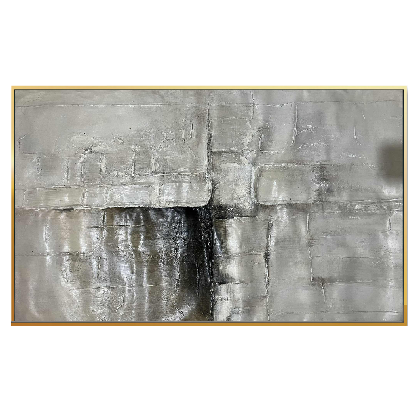 A 95x185 cm original hand-painted canvas wall art panel depicting an oversized minimalist textured layout of horizontal slate grey concrete-look blocks and a central dark charcoal crevice for luxury living room decor.