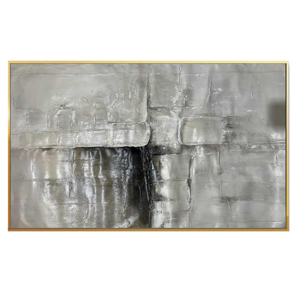 A 95x185 cm original hand-painted canvas wall art panel depicting an oversized minimalist textured layout of horizontal slate grey concrete-look blocks and a central dark charcoal crevice for luxury living room decor.