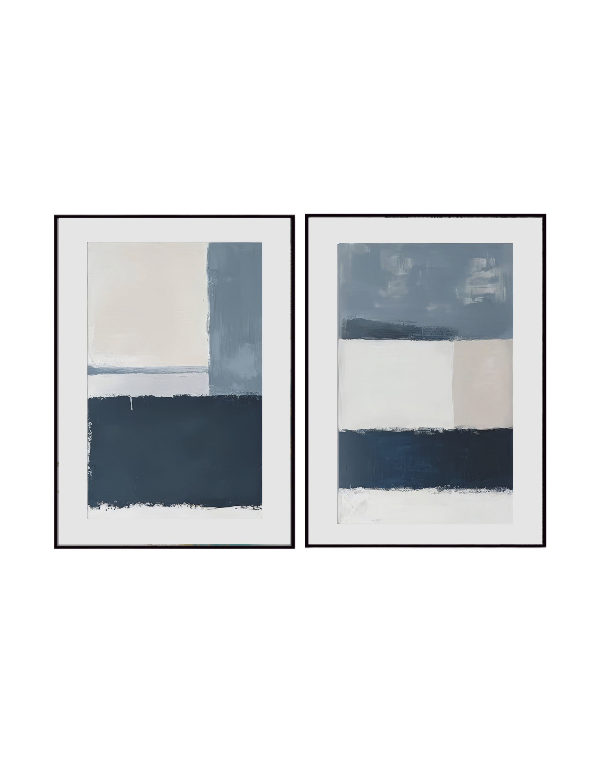 An abstract 2-panel diptych canvas wall art print set featuring textured navy and slate blue geometric color blocks on a crisp white and pale pink background.