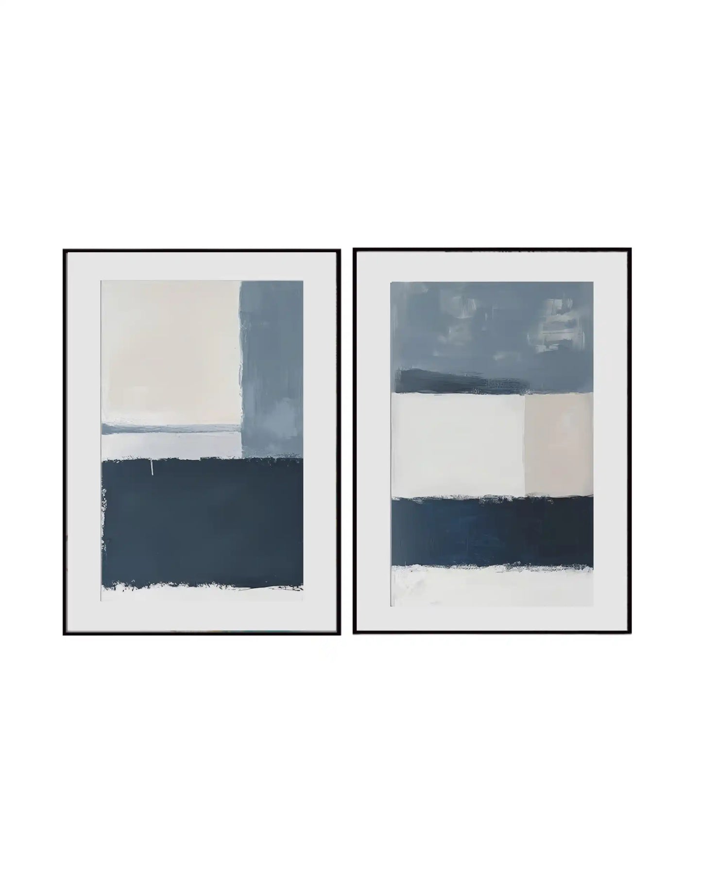 An abstract 2-panel diptych canvas wall art print set featuring textured navy and slate blue geometric color blocks on a crisp white and pale pink background.