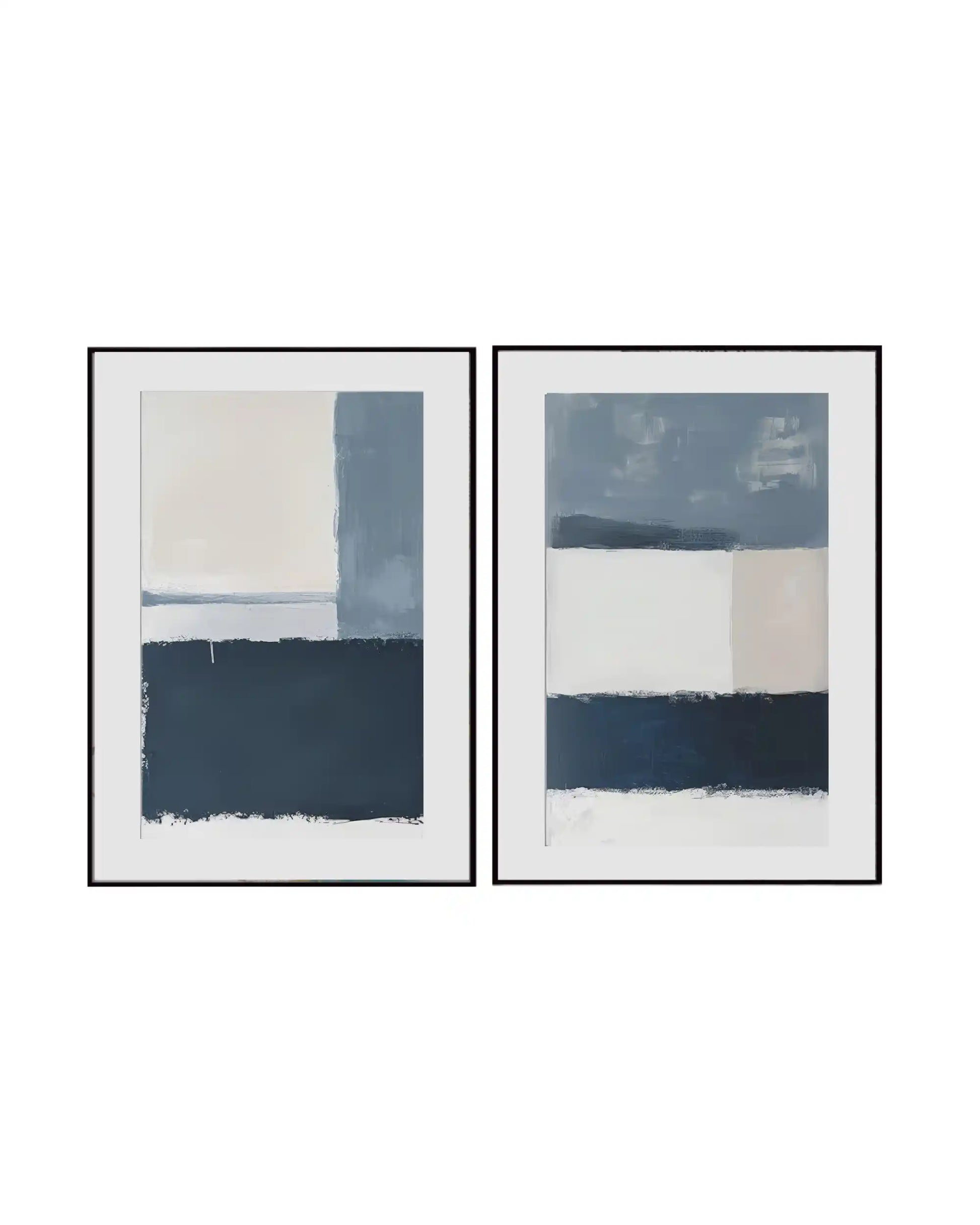 An abstract 2-panel diptych canvas wall art print set featuring textured navy and slate blue geometric color blocks on a crisp white and pale pink background.