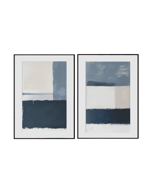 An abstract 2-panel diptych canvas wall art print set featuring textured navy and slate blue geometric color blocks on a crisp white and pale pink background.