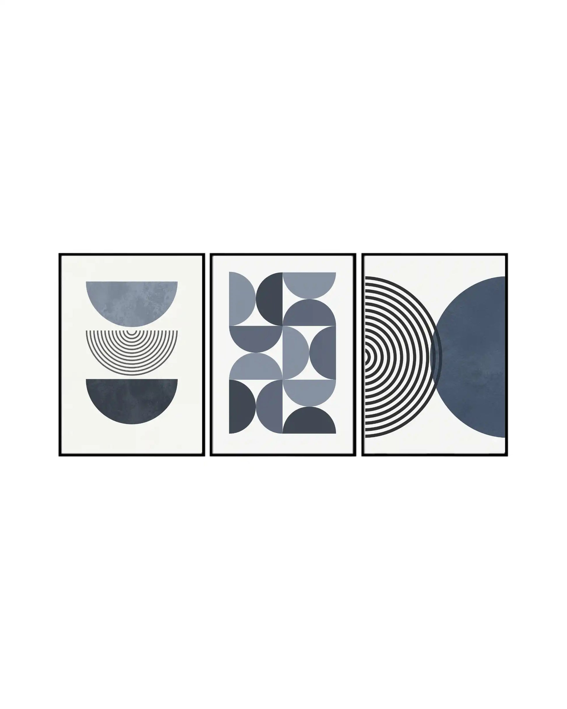 A geometric abstract 3-panel triptych canvas wall art print set featuring minimalist semi-circles, interlocking blocks, and concentric line patterns in navy and denim blue on a white background.