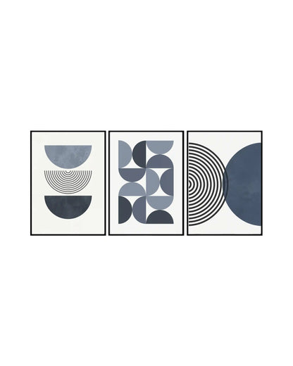 A geometric abstract 3-panel triptych canvas wall art print set featuring minimalist semi-circles, interlocking blocks, and concentric line patterns in navy and denim blue on a white background.