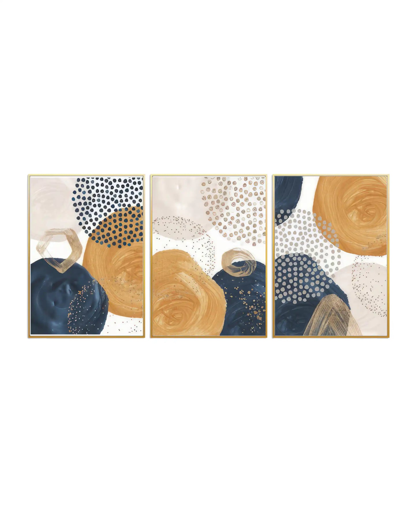 An abstract geometric 3-panel triptych canvas wall art print set featuring bold navy blue and mustard yellow circular brushstrokes with dotted patterns on a cream backdrop for modern decor.