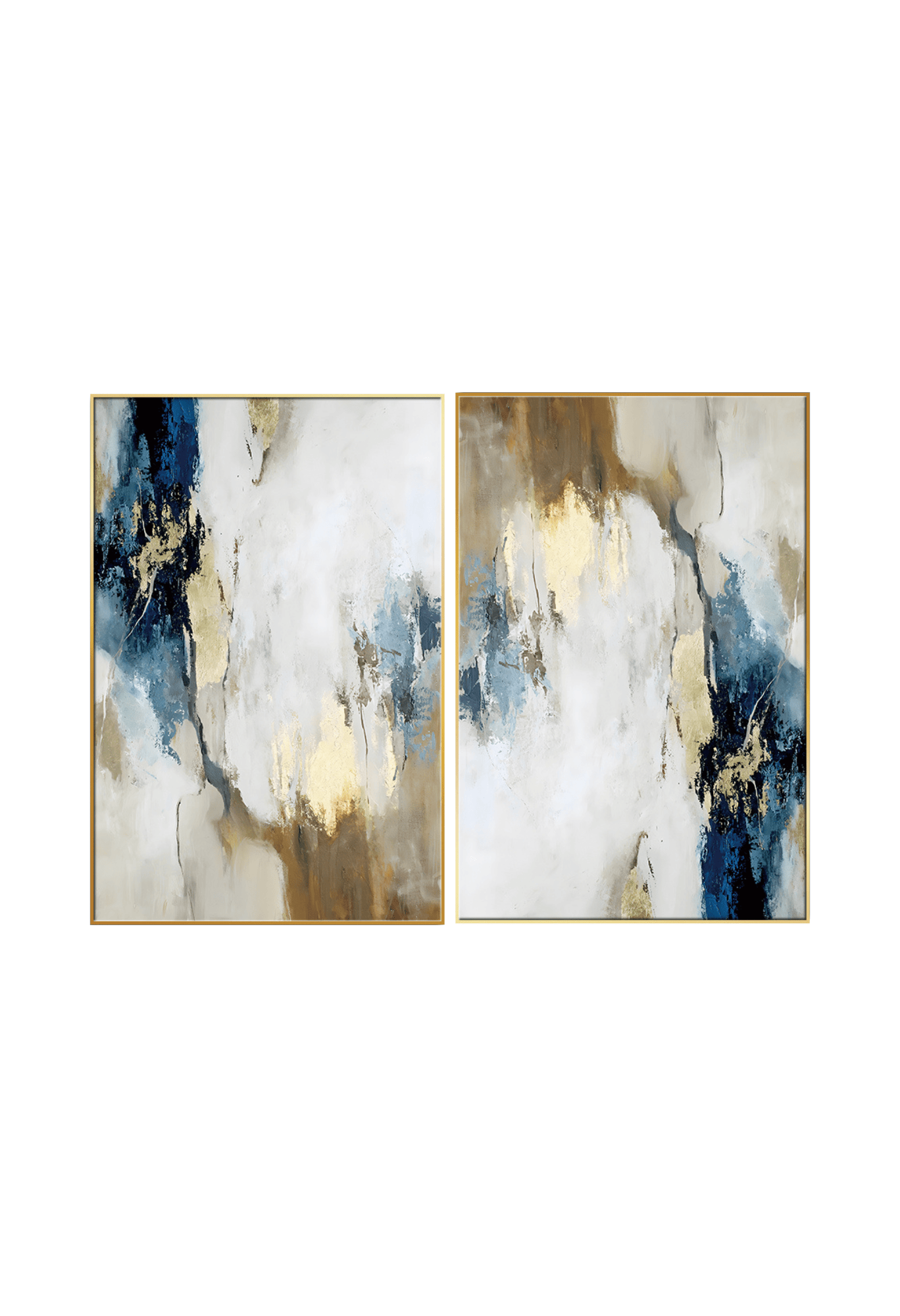 Two 60x90 cm navy blue and beige abstract canvas print wall art panels depicting minimalist fluid watercolor clouds, taupe shapes, and gold line detailing for modern living room decor.