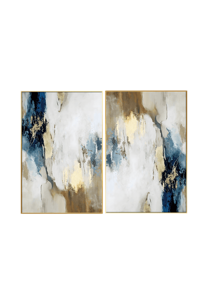 Two 60x90 cm navy blue and beige abstract canvas print wall art panels depicting minimalist fluid watercolor clouds, taupe shapes, and gold line detailing for modern living room decor.