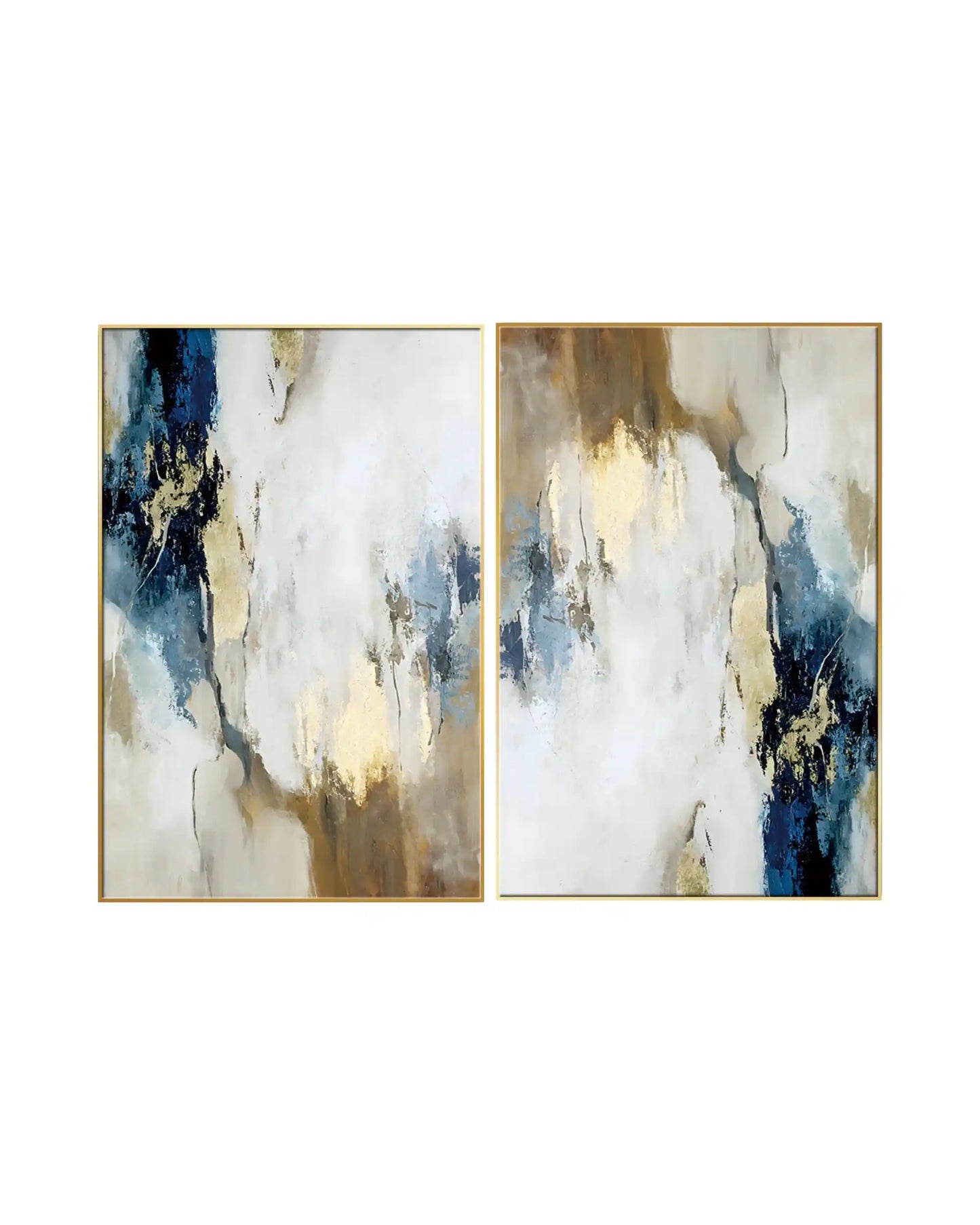 An abstract diptych painting featuring fluid, cloud-like patches of white, cream, and beige, contrasted by bold splashes of deep navy blue and textured metallic gold leaf accents throughout.