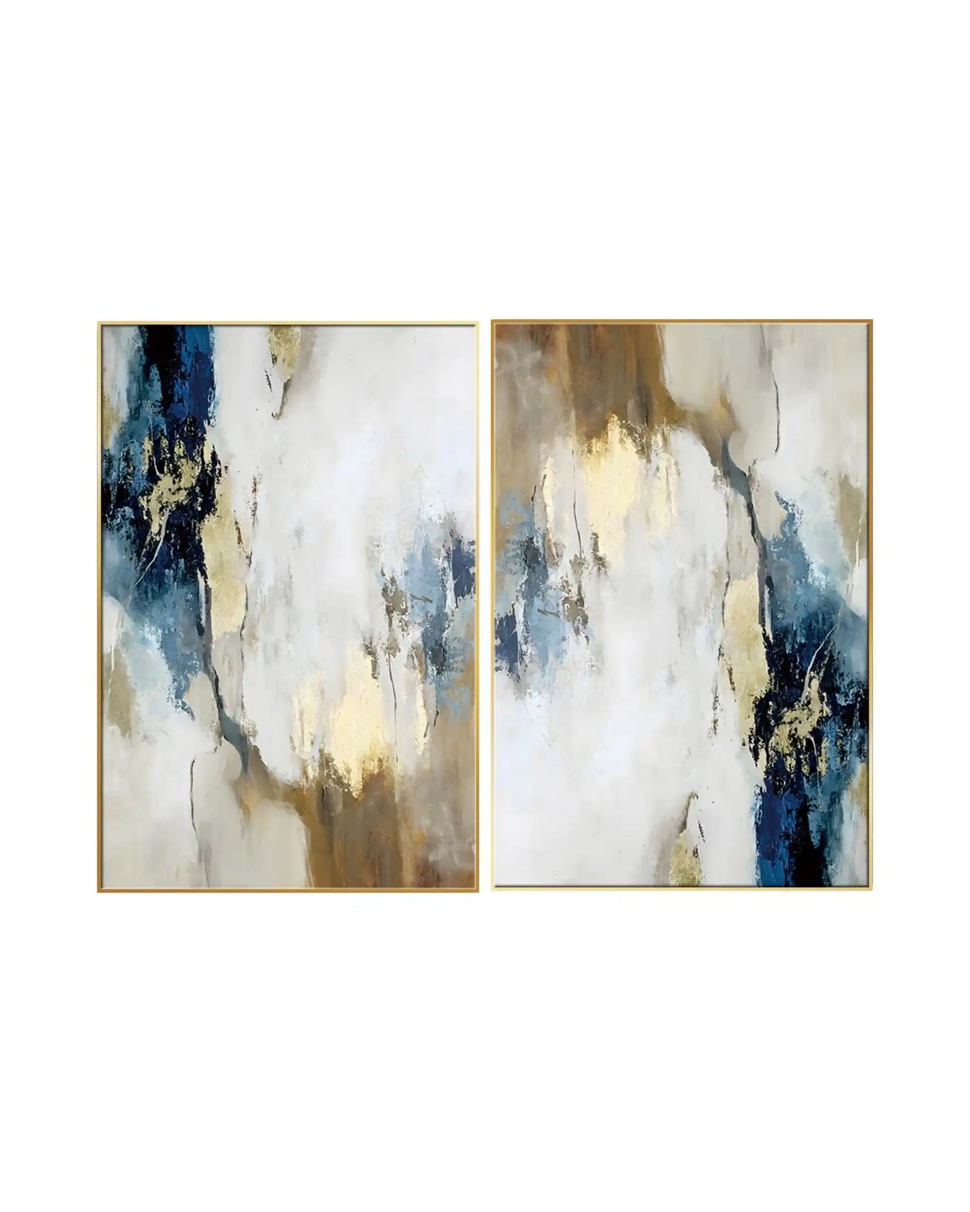 An abstract diptych painting featuring fluid, cloud-like patches of white, cream, and beige, contrasted by bold splashes of deep navy blue and textured metallic gold leaf accents throughout.