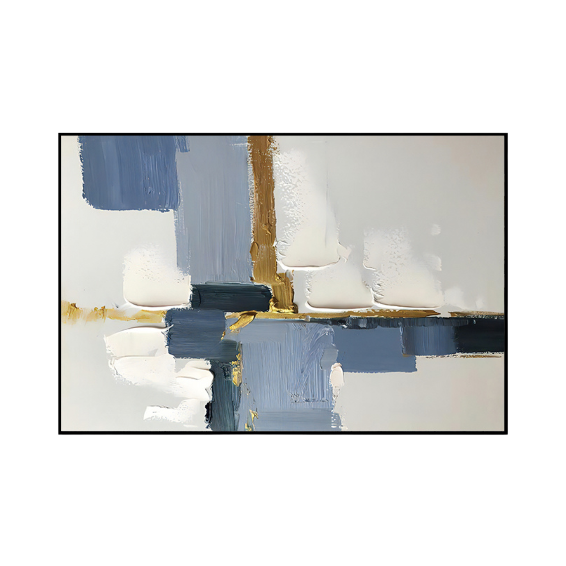 An 80x120 cm navy blue and gold abstract canvas print wall art panel depicting minimalist geometric block patches, blue brushstrokes, and yellow gold accents for modern living room decor.