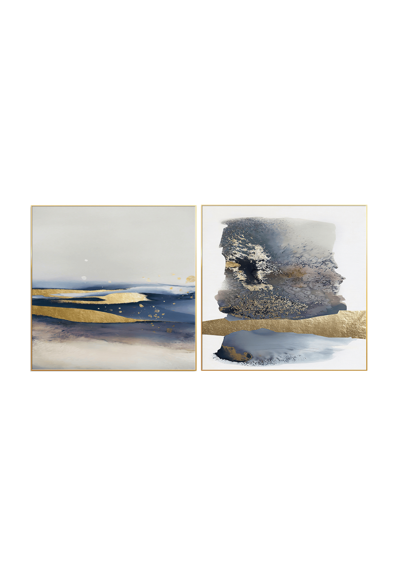 Two navy blue and gold abstract canvas print wall art panels depicting minimalist coastal horizons, fluid ink washes, and gold ribbons for modern living room decor.
