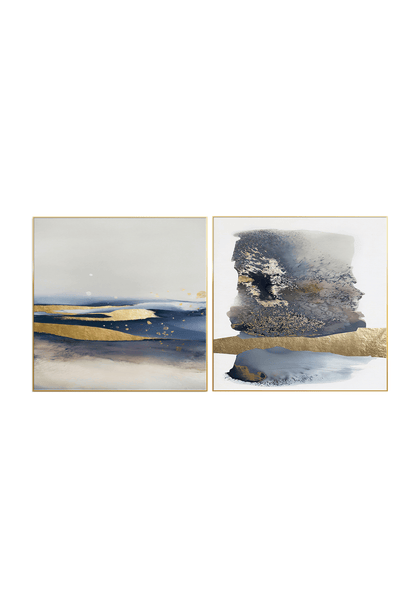 Two navy blue and gold abstract canvas print wall art panels depicting minimalist coastal horizons, fluid ink washes, and gold ribbons for modern living room decor.