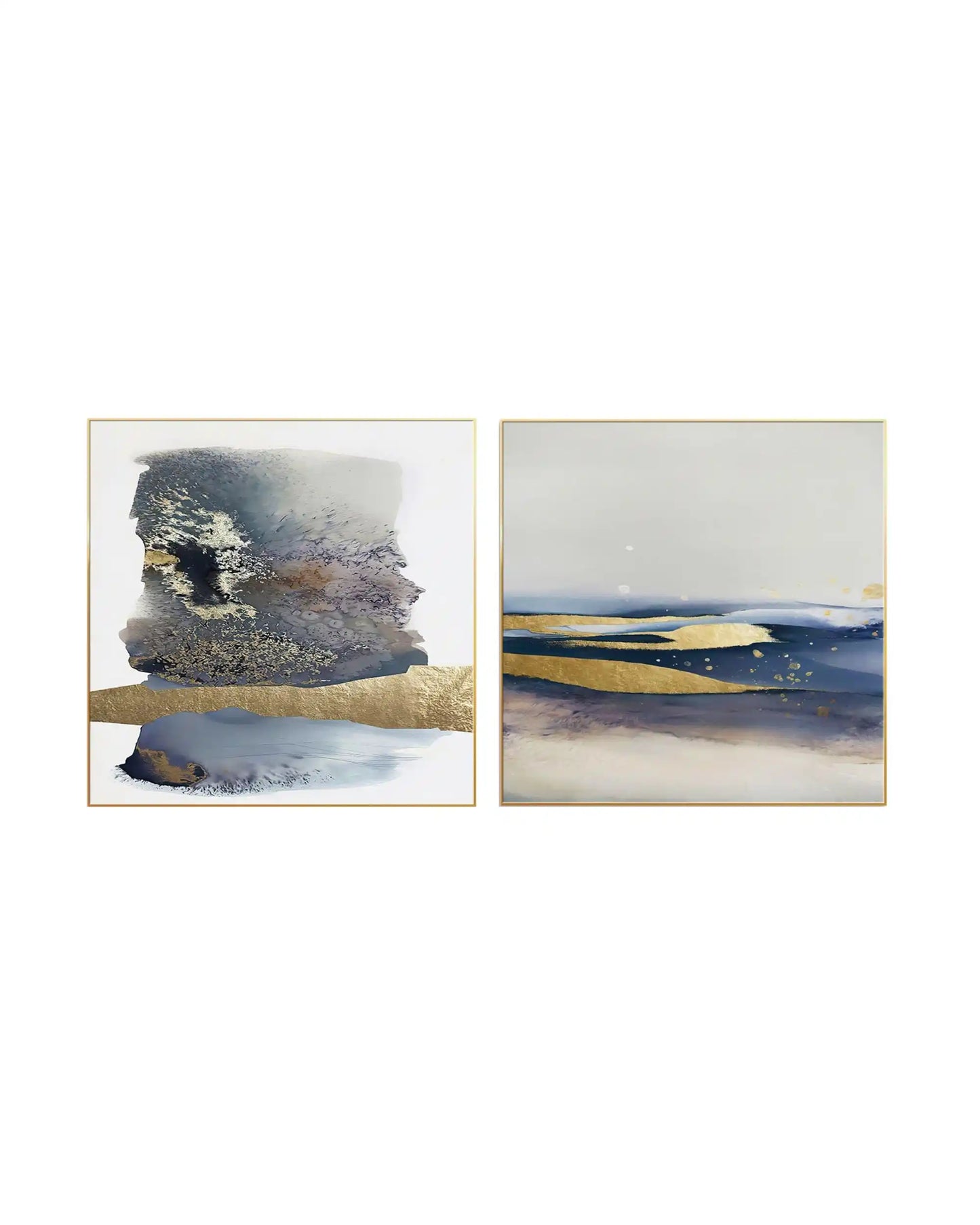 Two-piece diptych canvas prints featuring abstract watercolor fields in navy blue, slate grey, and gold-colored textures over a white and beige background.
