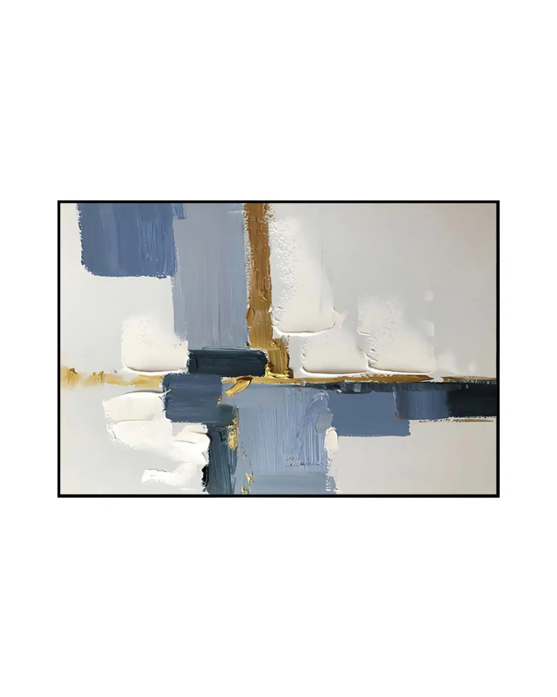 Horizontal canvas print featuring an abstract design of thick, textured blue, white, and grey paint blocks accented with metallic gold streaks in a black frame.