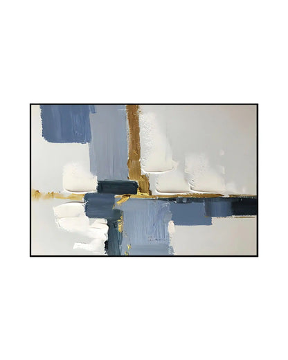 Horizontal canvas print featuring an abstract design of thick, textured blue, white, and grey paint blocks accented with metallic gold streaks in a black frame.