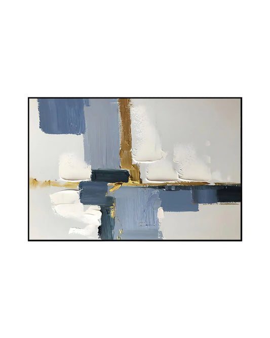 Horizontal canvas print featuring an abstract design of thick, textured blue, white, and grey paint blocks accented with metallic gold streaks in a black frame.