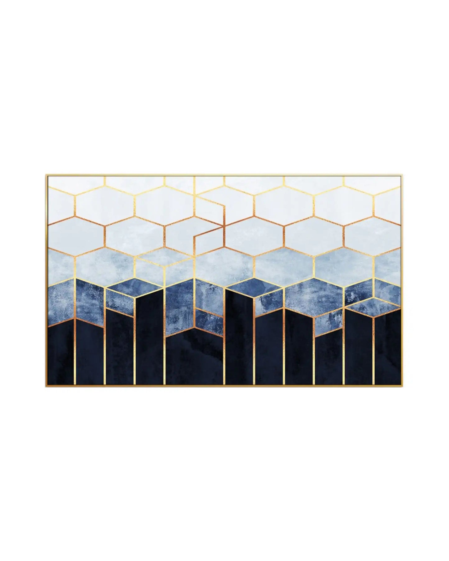 Canvas print featuring a geometric abstract design with a grid of interlocking hexagons and columns in gradients of navy blue, soft blue, and white, defined by sharp gold-colored linework.