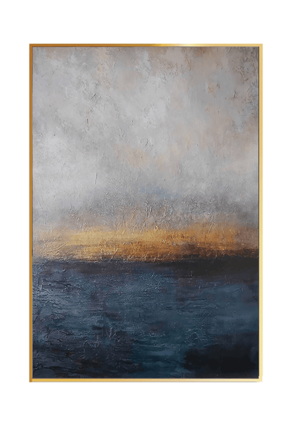An 80x120 cm navy blue and gold abstract canvas print wall art panel depicting a minimalist printed design of a deep indigo base, a central horizontal golden yellow glow, and a misty white sky for modern living room decor.