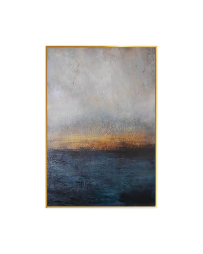 Canvas print featuring an atmospheric abstract design with a printed heavy texture effect, showing a deep teal and navy lower field beneath a glowing, gold-colored horizon and a cloudy grey and cream background.