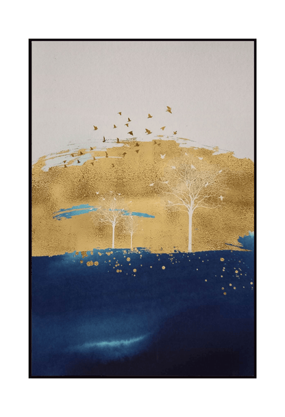 An 80x120 cm navy blue and gold abstract canvas print wall art panel depicting a minimalist printed design of deep blue ground paths, a golden yellow horizon zone, white line trees, and flying birds for modern living room decor.
