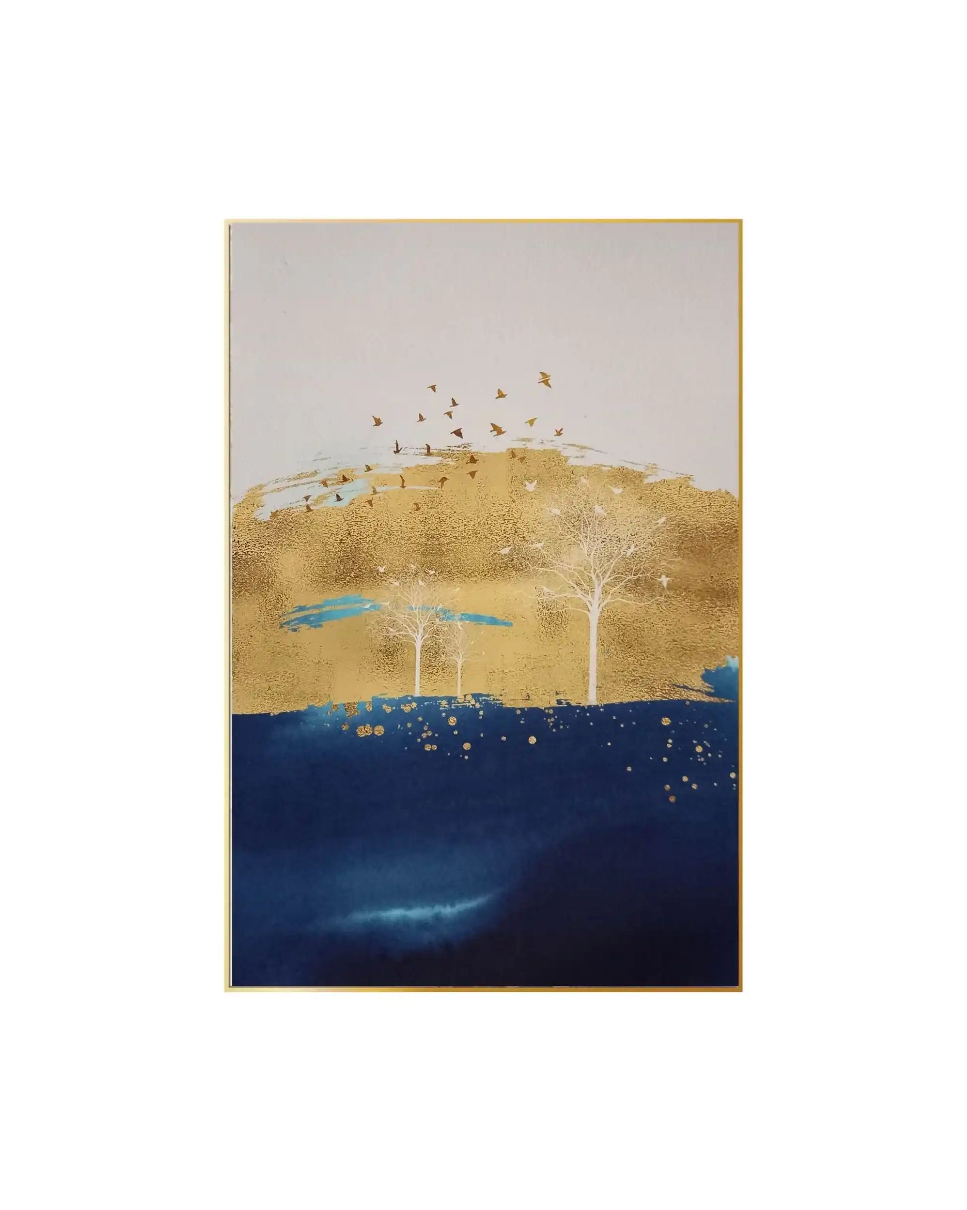 Canvas print featuring a modern abstract landscape with a deep navy blue lower field, fine white tree silhouettes, and a flock of birds flying over a large, textured gold-colored brushstroke design against a light beige background.