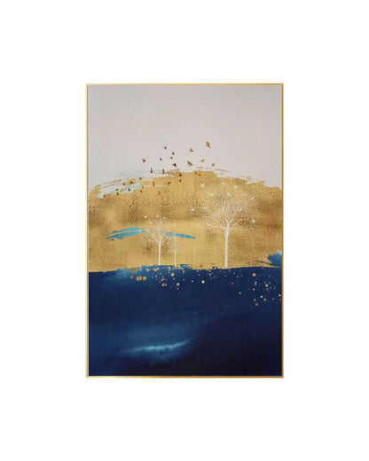 Canvas print featuring a modern abstract landscape with a deep navy blue lower field, fine white tree silhouettes, and a flock of birds flying over a large, textured gold-colored brushstroke design against a light beige background.