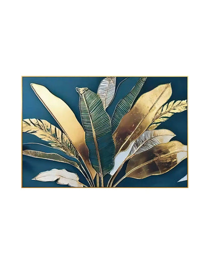 Horizontal canvas print featuring an abstract botanical design of large golden yellow, dark green, and white tropical leaves on a blue-green background.