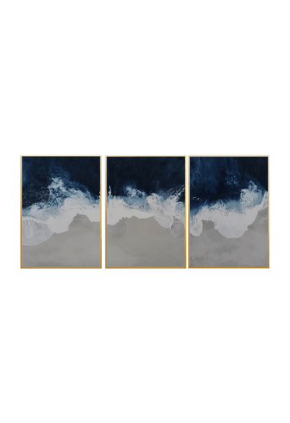 Three 50x70 cm navy blue and grey abstract canvas print wall art panels depicting minimalist crashing ocean waves and sea spray foam for modern living room decor.