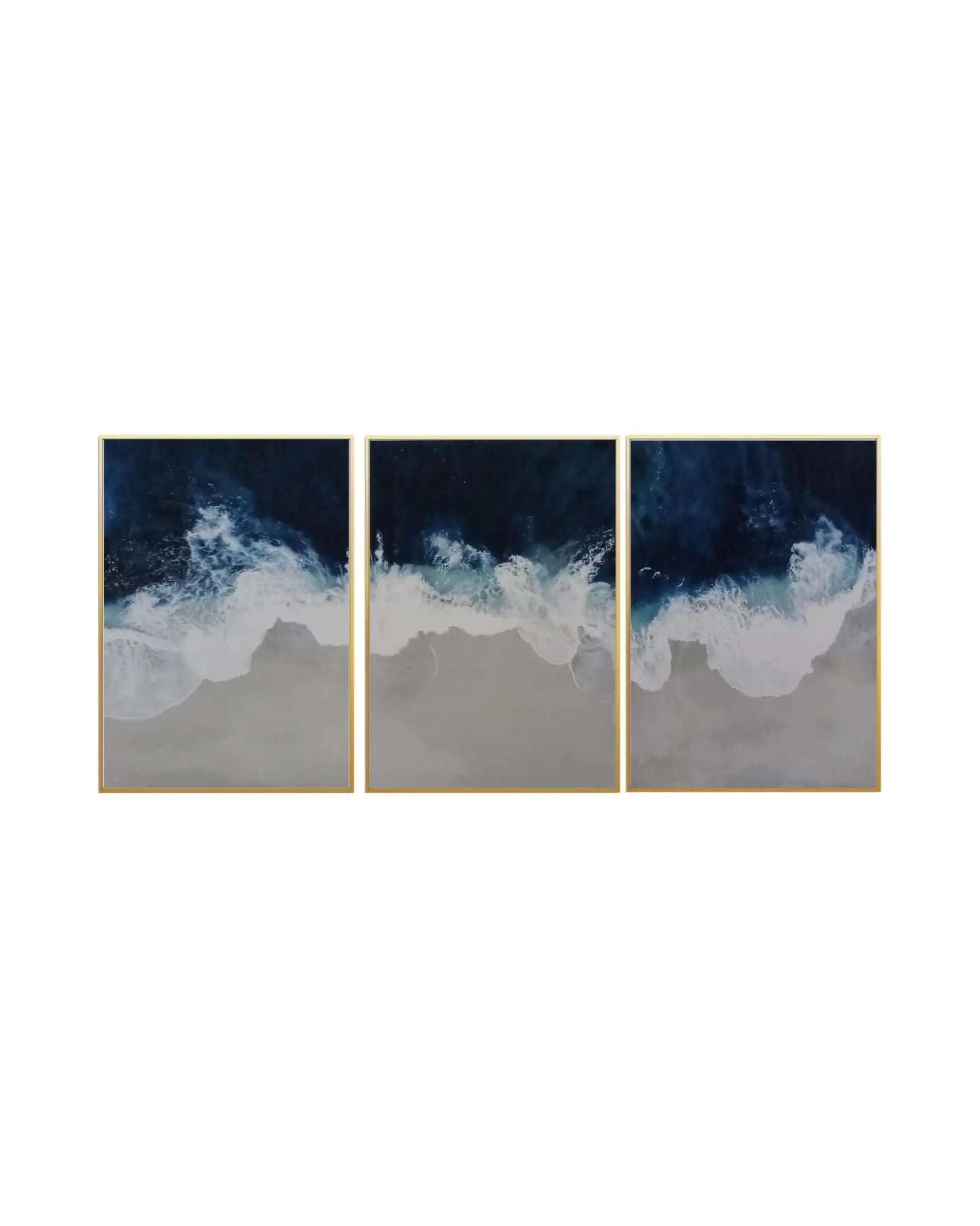 Modern minimalist abstract triptych canvas prints featuring aerial ocean beach waves, textured white seafoam crashing shorelines, and smooth sand textures in deep navy blue, teal, white, and grey.